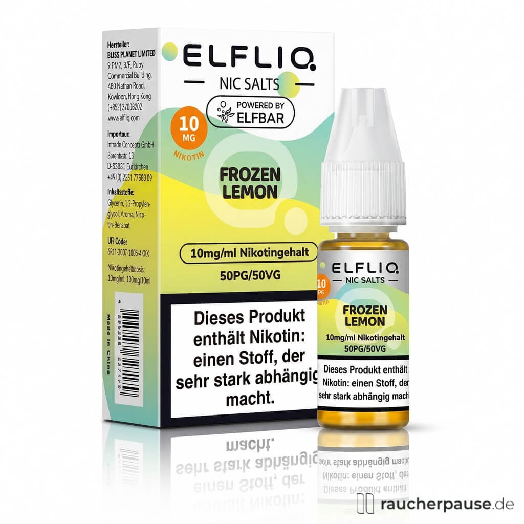 Elfliq by Elfbar Frozen Lemon Nikotinsalz Liquid in 10ml Dose mit modernem Logo und farbenfrohem Design in Gelb, Grün und Weiß.