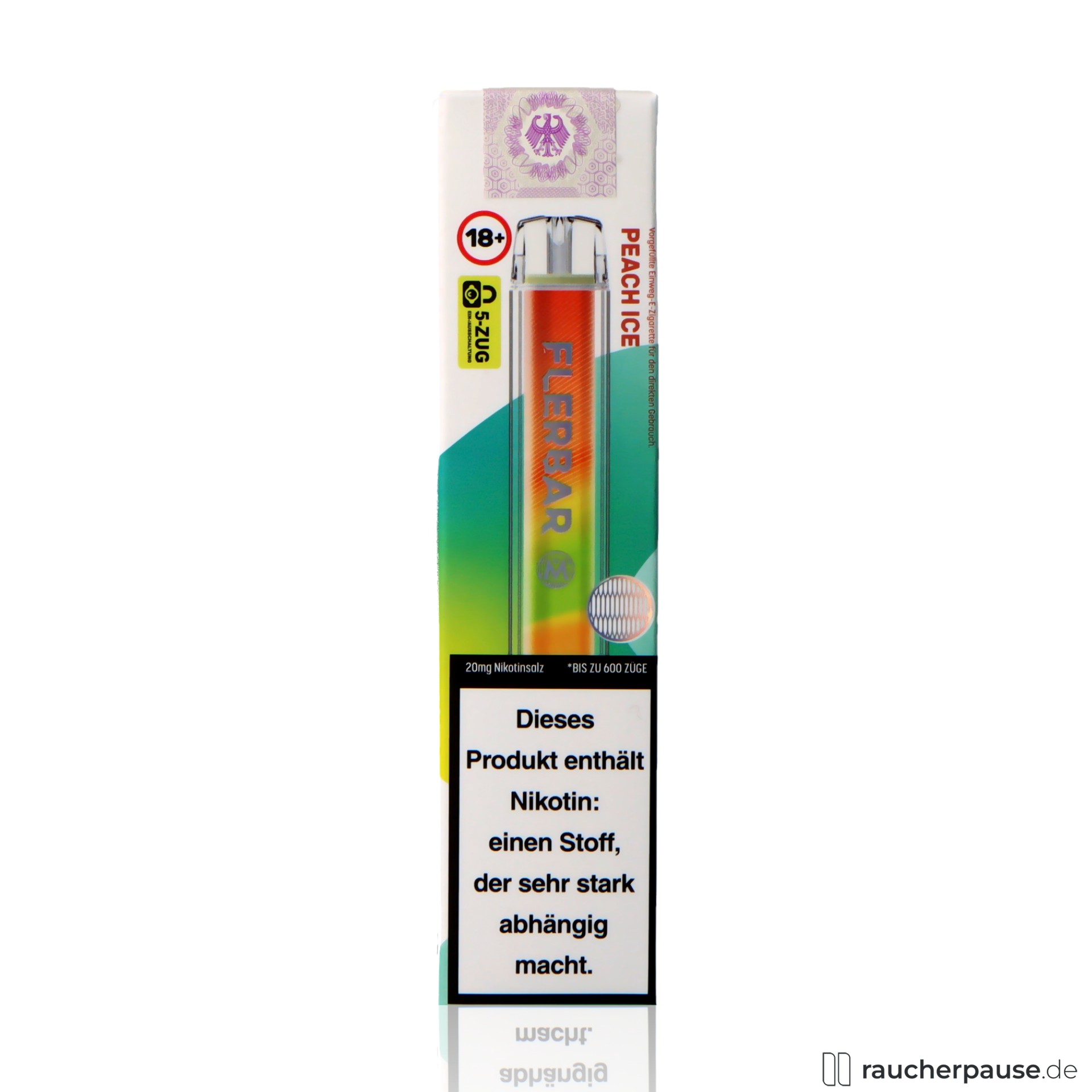Flerbar Einweg Vape | Peach Ice | 600 Züge | 20 mg/ml Nikotin | Pfirsich & Ice flerbar, flerbar einweg vape peach ice zuege ml nikotin pfirsich ice , packshot vorderseite