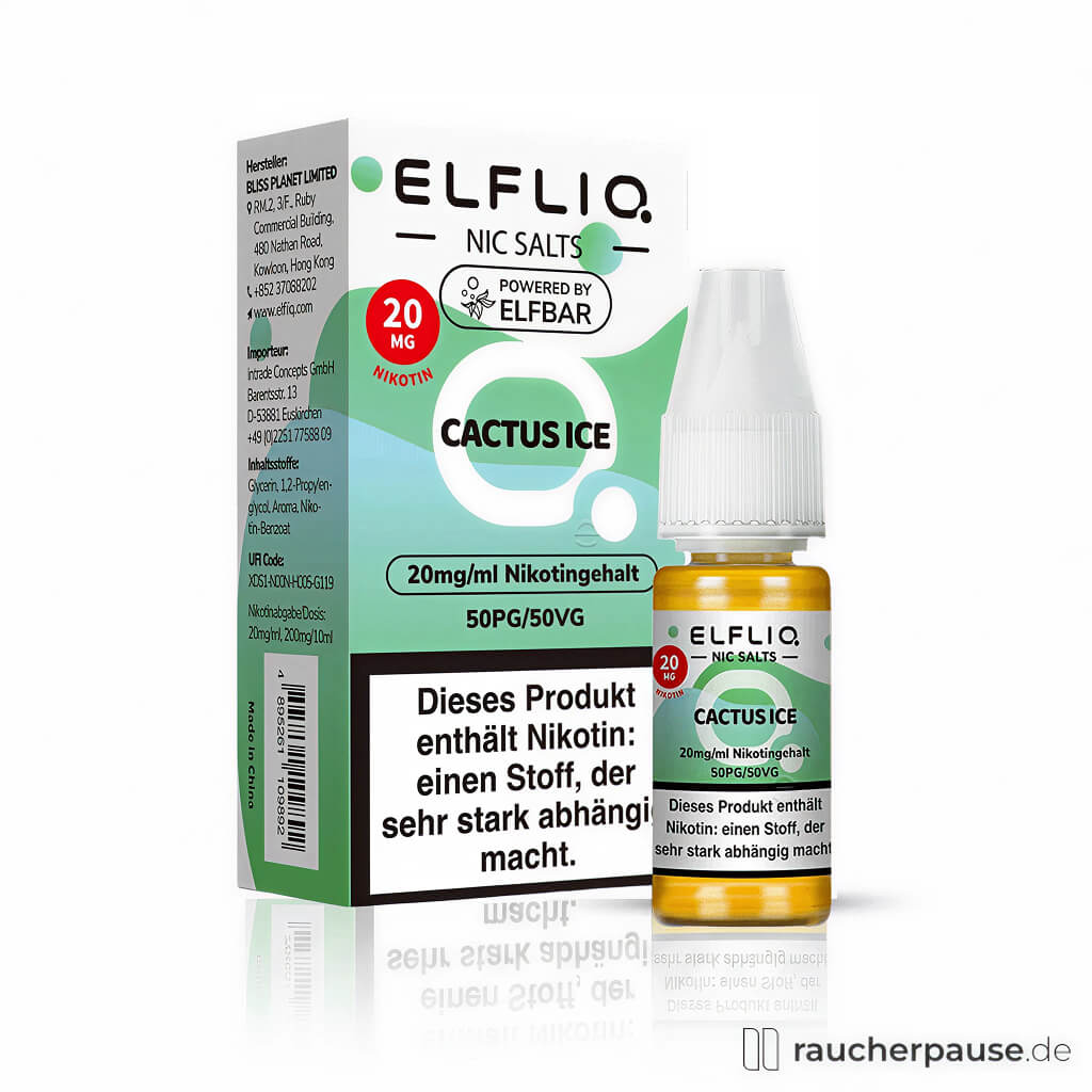 Elfliq by Elfbar Cactus Ice Nikotinsalz Liquid 10 ml, 20 mg/ml in schlanker, hoher Dose mit grüner und weißer Farbgebung und stilisiertem Q-Zeichen im ELF LIQ.-Logo.