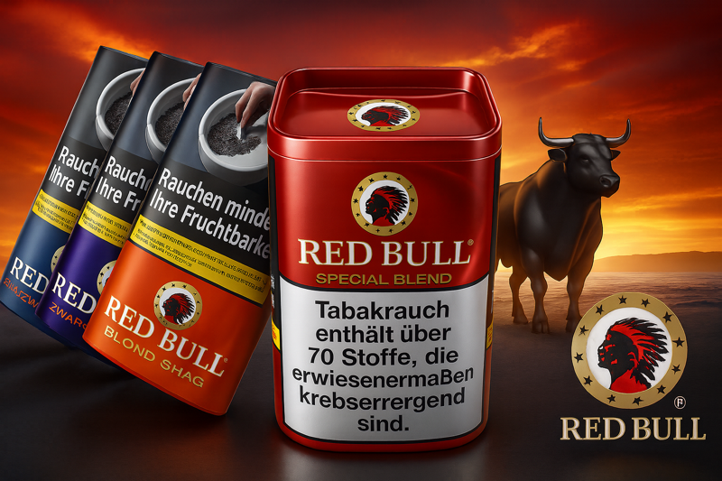 Red Bull Tabak Dose mit Logo Stier im Hintergrund