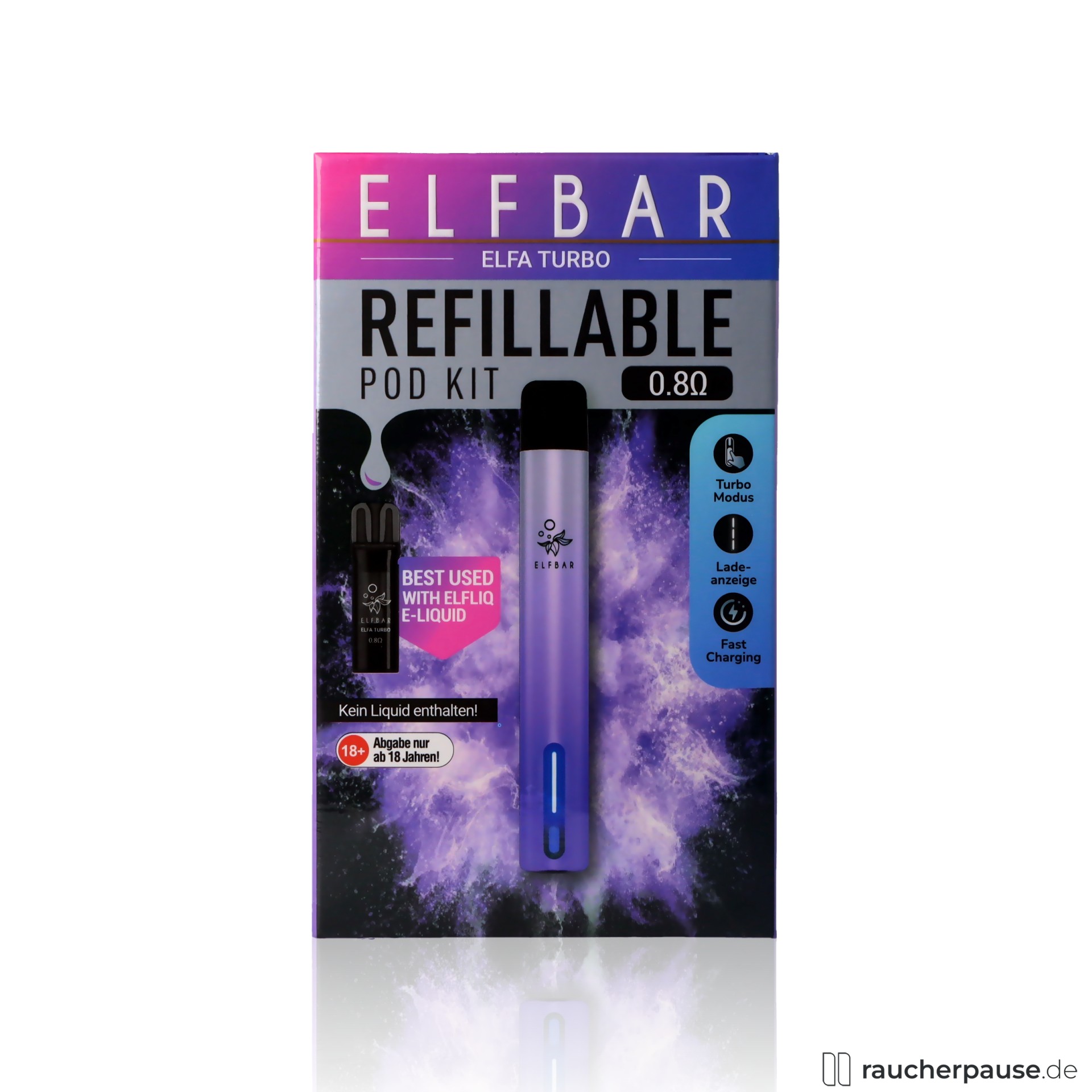 elfbar, elfbar elfa turbo akkutraeger aurora purple usb c zugautomatik pod kabel inklusive 2ml 8ohm mehrweg e zigarette , packshot vorderseite