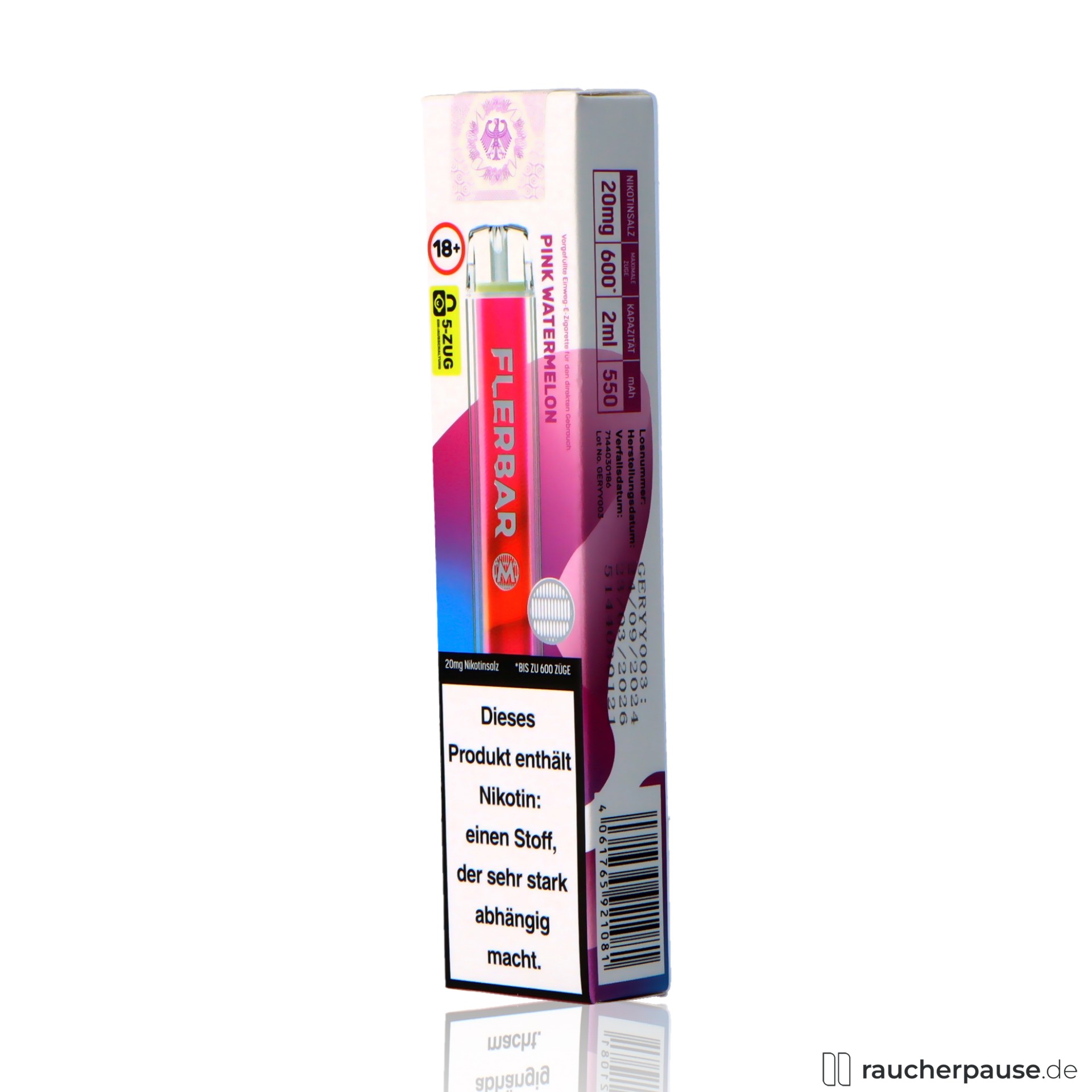 flerbar, flerbar einweg vape pink watermelon zuege ml nikotin wassermelone , packshot hinterseite