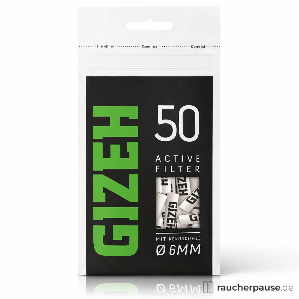 Gizeh Active Filter Mix 6 mm in transparenter Plastiktüte mit grünem Logo und schwarzen Akzenten, 50 Stück.