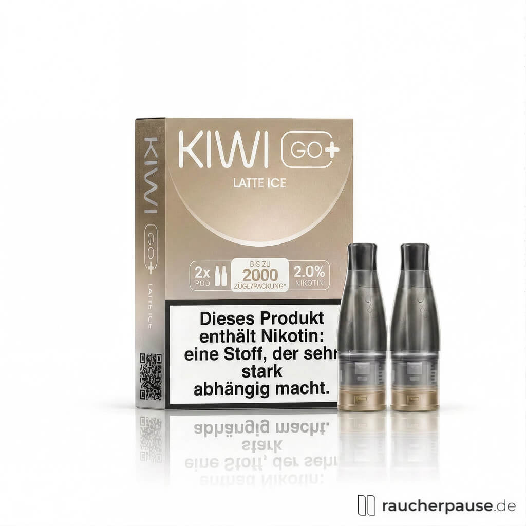 KIWI GO+ Latte Ice Prefilled Pods in einer eleganten goldenen Box mit weißem Logo und zwei modernen, minimalistischen Pods in transparenten Behältern.