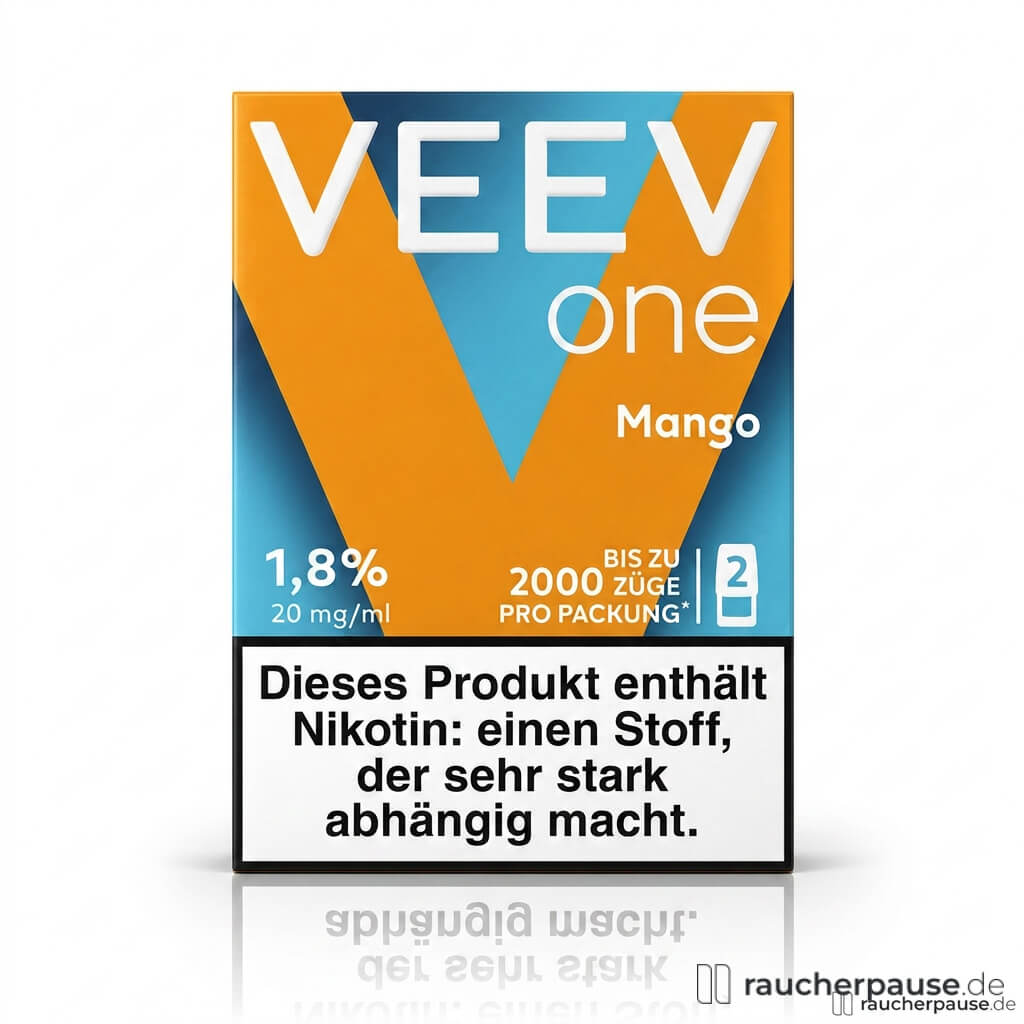 VEEV one Pod MANGO, 20 mg/ml Nikotin, 2er Pack für E-Zigarette in moderner blau-oranger Verpackung mit großem V-Logo.