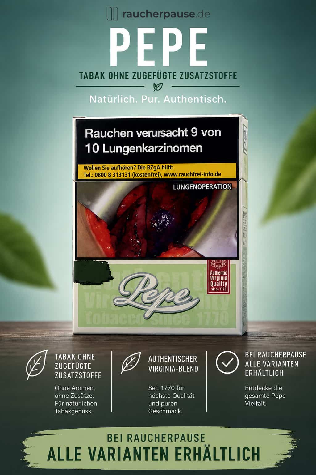 Pepe Zigaretten ohne Zusatzstoffe mit authentischem Virginia Blend bei raucherpause.de