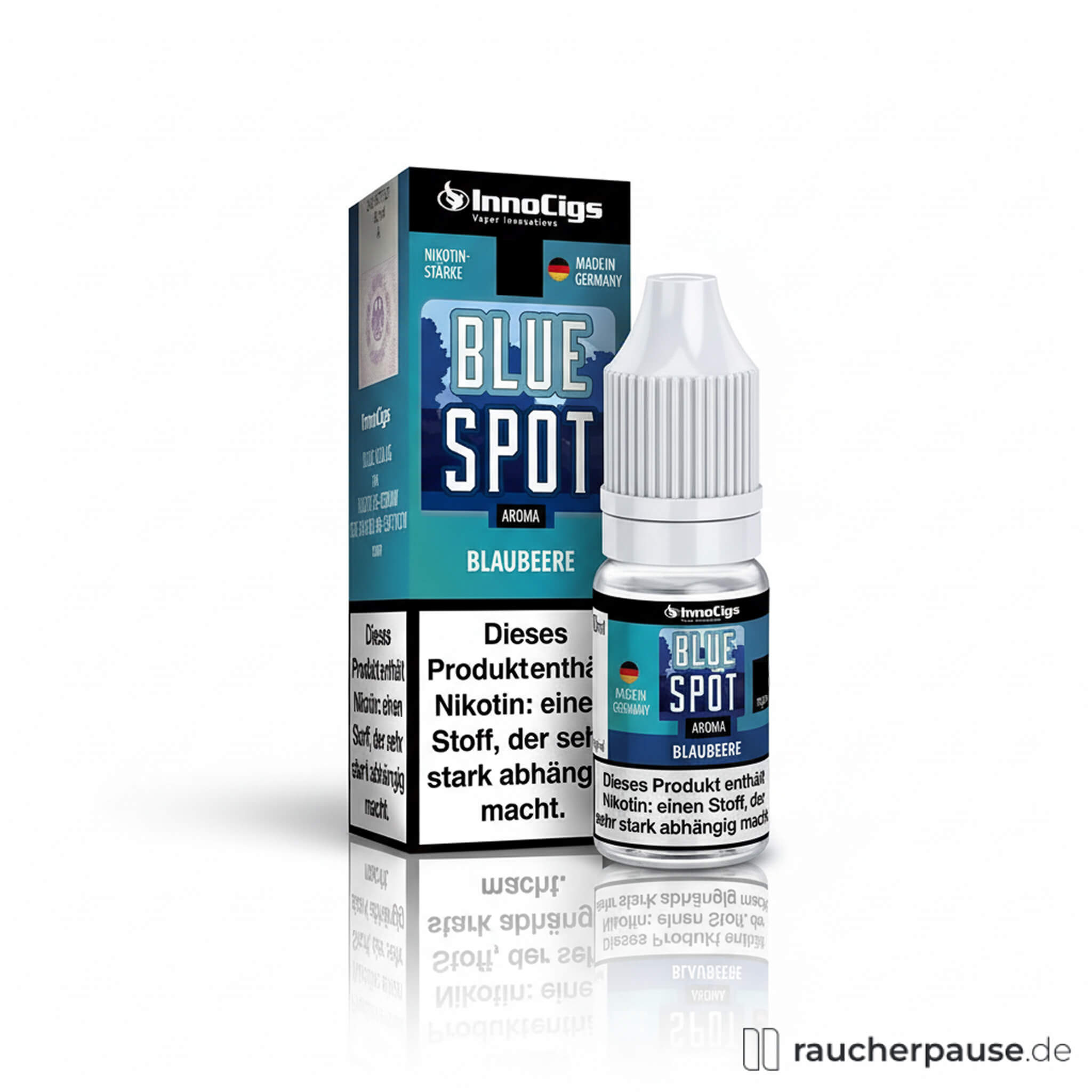 InnoCigs Blue Spot Blaubeere E-Liquid in 10ml Flasche mit 0mg Nikotin, dargestellt in einer transparenten Flasche mit blauem Etikett und weißem Verschluss.