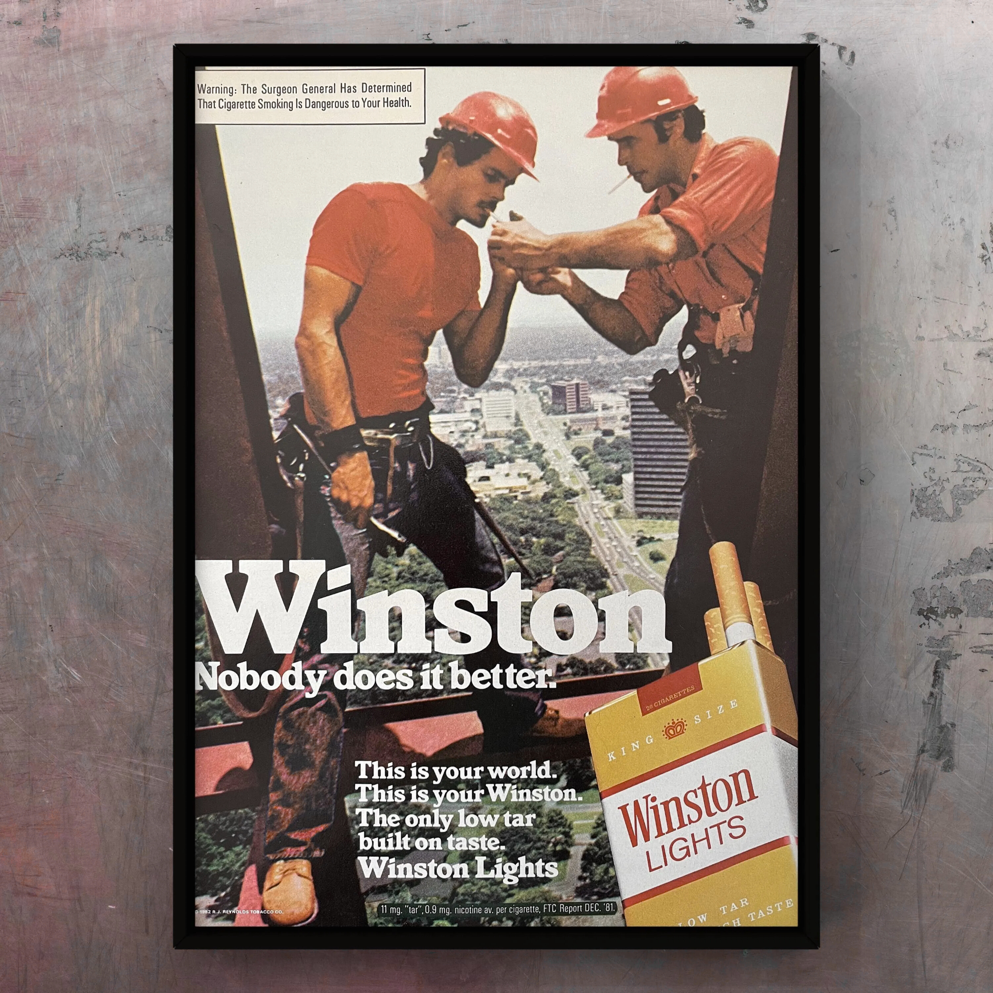 Abfotografiertes Bild von Winston Tabak Werbung, Vintage, Baucharbeiter zündigen sich Zigaretten an