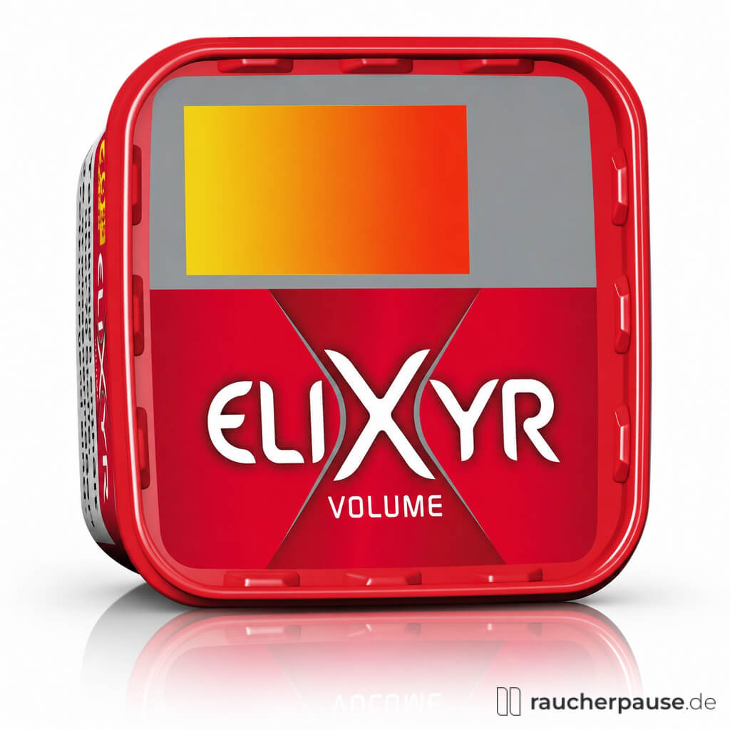 Elixyr Rot Volumentabak 340g Eimer, American Blend in roter Dose mit grauem Akzent und modernem weißen Logo auf rotem Hintergrund.