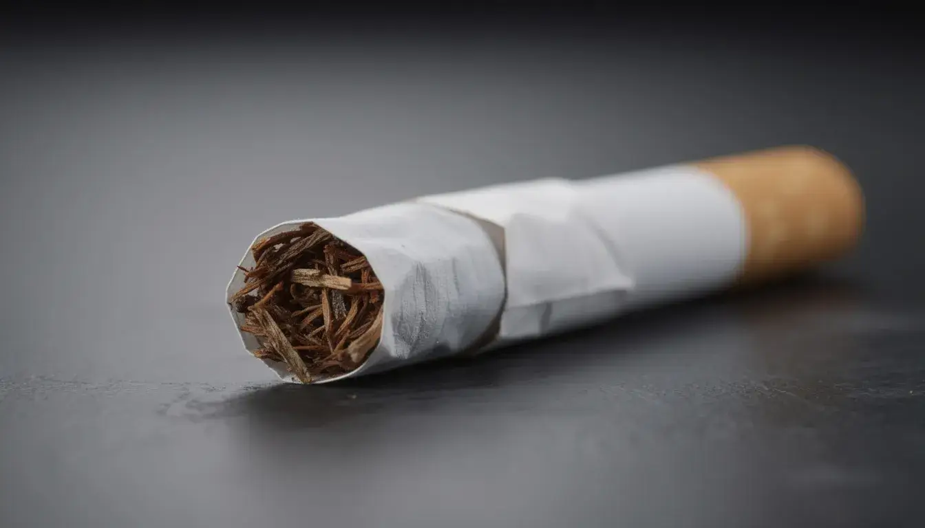 Eine Zigarette ohne Filter liegt auf einem schwarzen Tisch. Der Lose Tabak ist zu sehen.