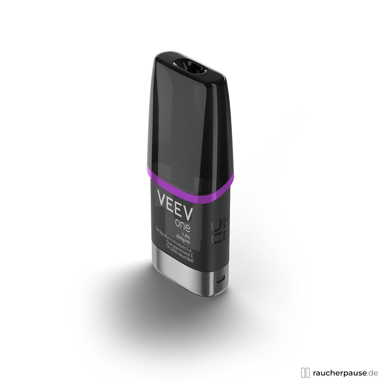 VEEV One Pod Grape, 20 mg/ml Nikotin, 1 Pod, Limitierte Edition, Traube in schwarzer, ovaler Dose mit weißem Logo auf schwarzem Hintergrund und violettem Ring am Deckel.