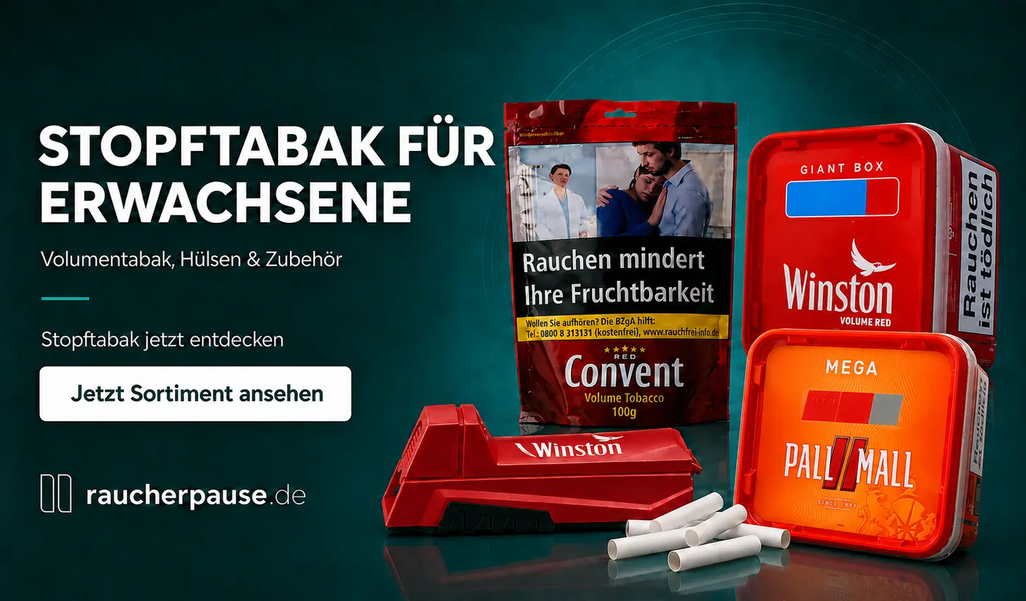 Stopftabak-Sortiment mit Convent, Winston und Pall Mall sowie Stopfgerät und Zigarettenhülsen