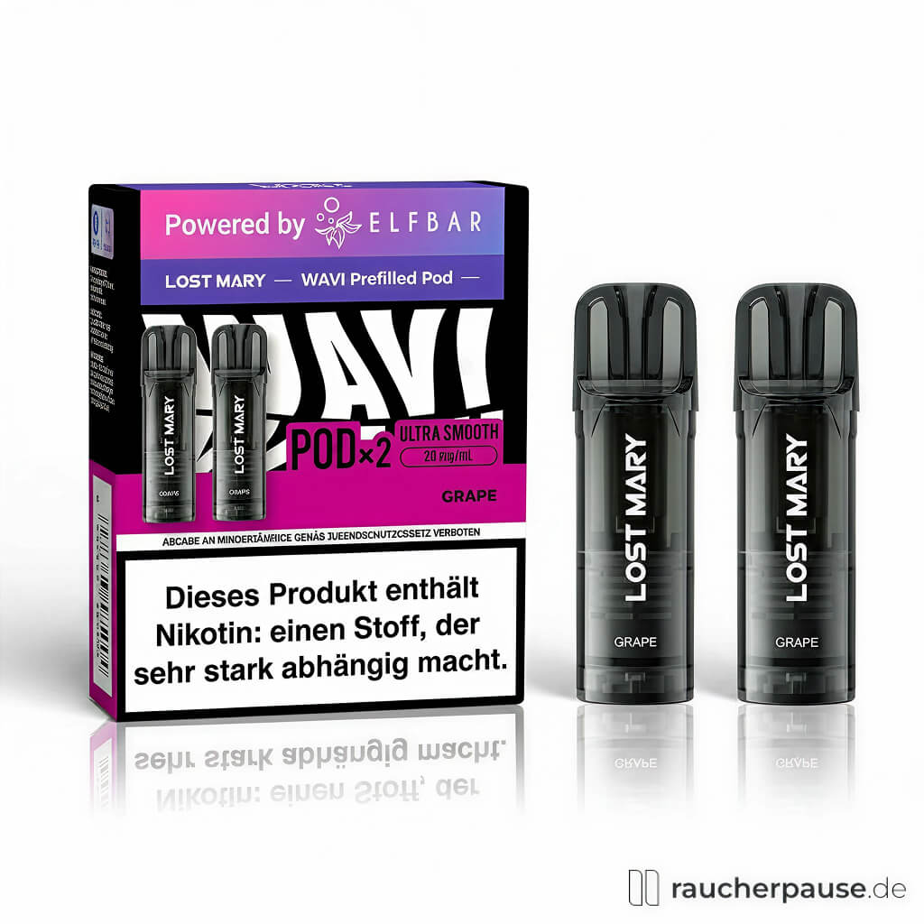 Lost Mary Wavi Pods Grape 20mg/ml Nikotin in schwarzer, hochformatiger Box mit lila Akzenten und ELF BAR Logo, enthaltend zwei schwarze, transparente Prefilled Pods mit Grape Geschmack.