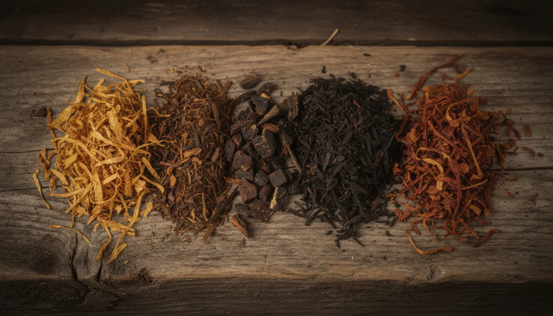 Bild von verschiedenen getrockeneten Tabaken auf einem Holztisch