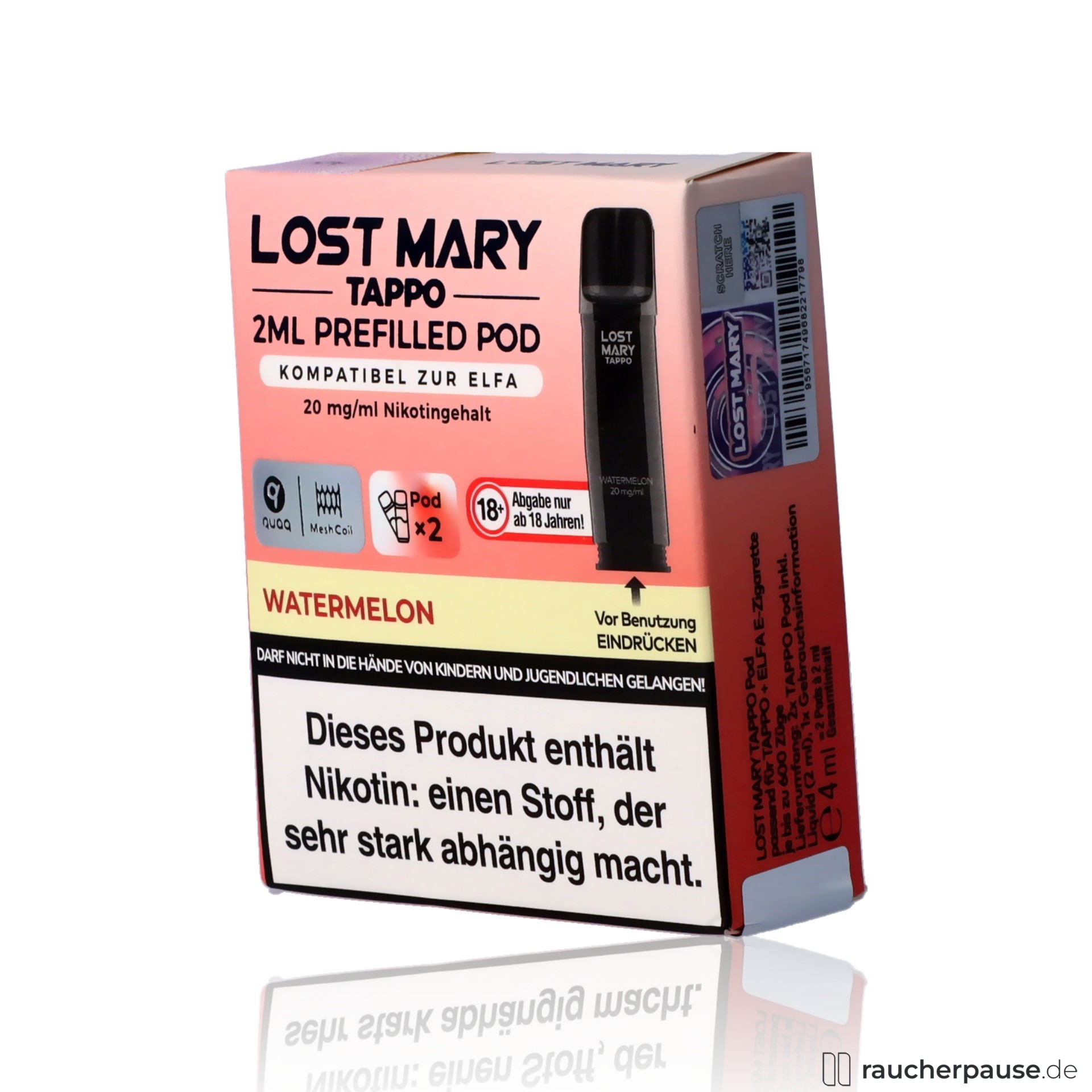 lost mary, lost mary tappo watermelon prefilled pods quaq mesh coil ohm wassermelone fruchtig nikotin , packshot vorderseite