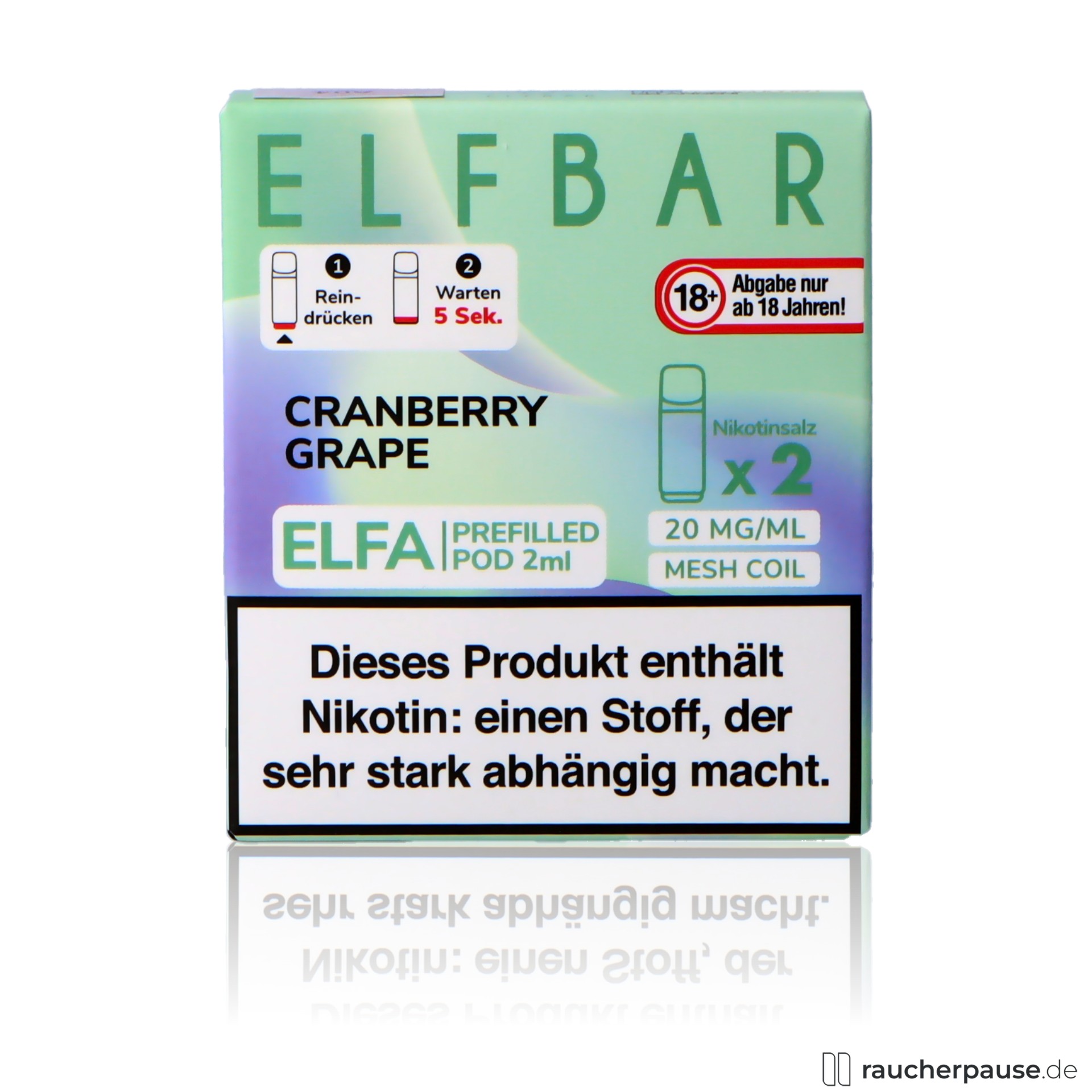 Elf Bar Elfa Prefilled Pods Cranberry Grape | 20mg/ml Nikotin | 2x2ml elfbar, elf bar elfa prefilled pods cranberry grape ml nikotin, packshot hinterseite