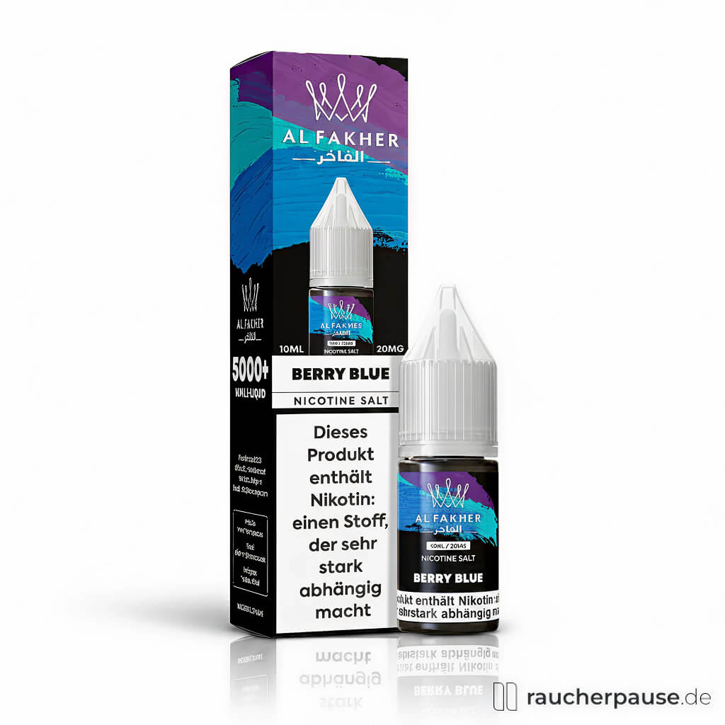 Al Fakher Berry Blue Nikotinsalz E-Liquid 20mg/ml in schwarzer Dose mit buntem Etikett in Blau, Violett und Türkis und stilisierten Schlangen-Logo in Silber.