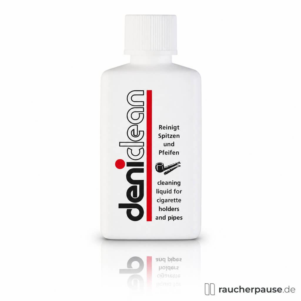 Denicotea Deniclean Reiniger 50 ml in weißer, schmaler Flasche mit rotem und schwarzem Logo und weißem Deckel.