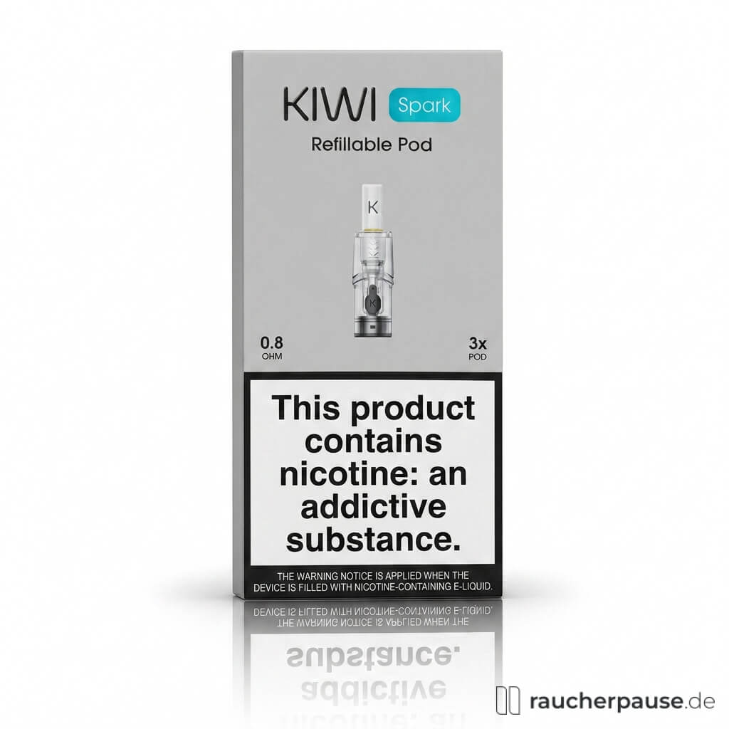 Kiwi Spark Pod 0,8 Ohm 2 ml, 3 Stück, in grauer, hochformatiger Box mit blau-schwarzem Logo auf grauem Hintergrund.