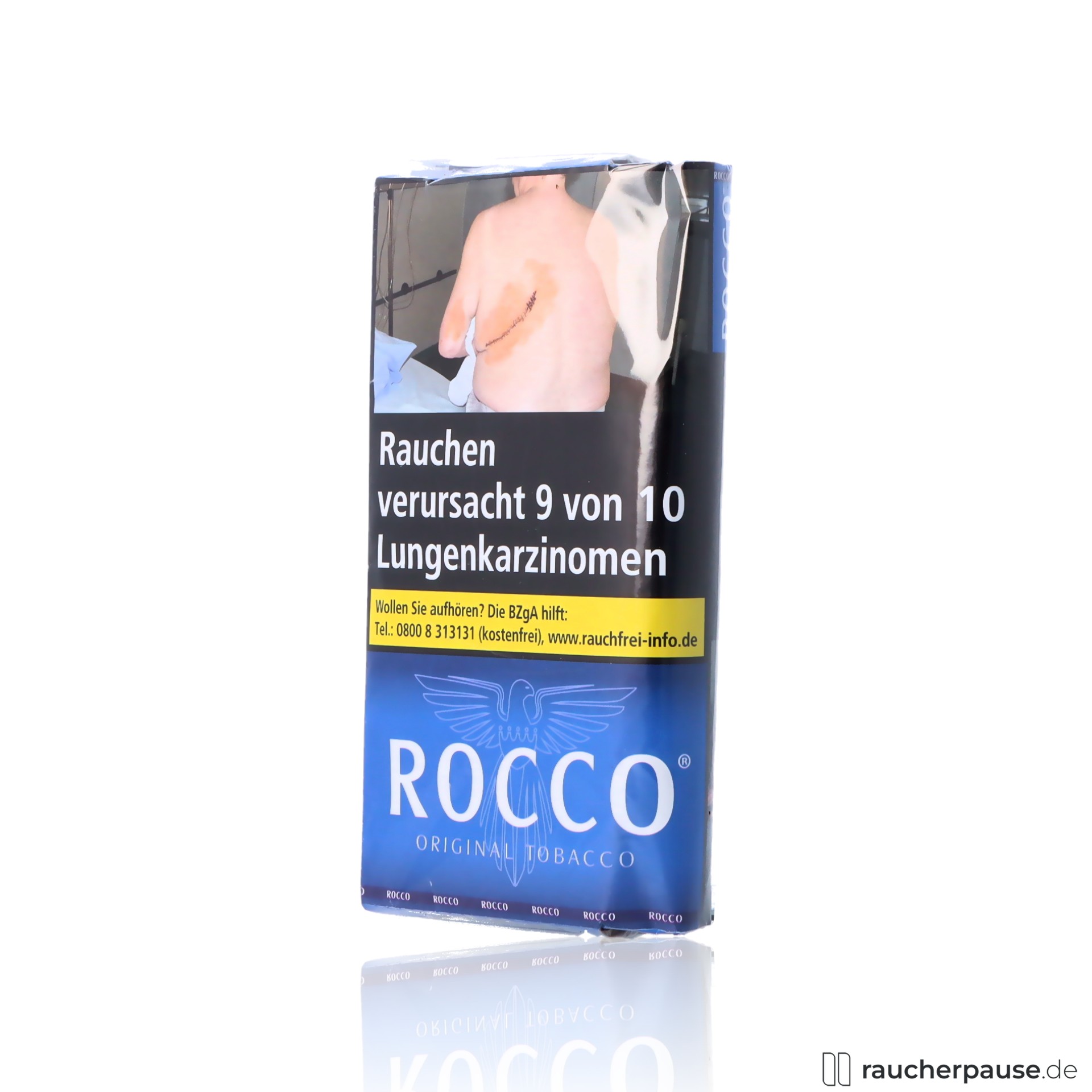 rocco original zigarettentabak feinschnitt pouch halfzware mischung mittelstark , packshot hinterseite