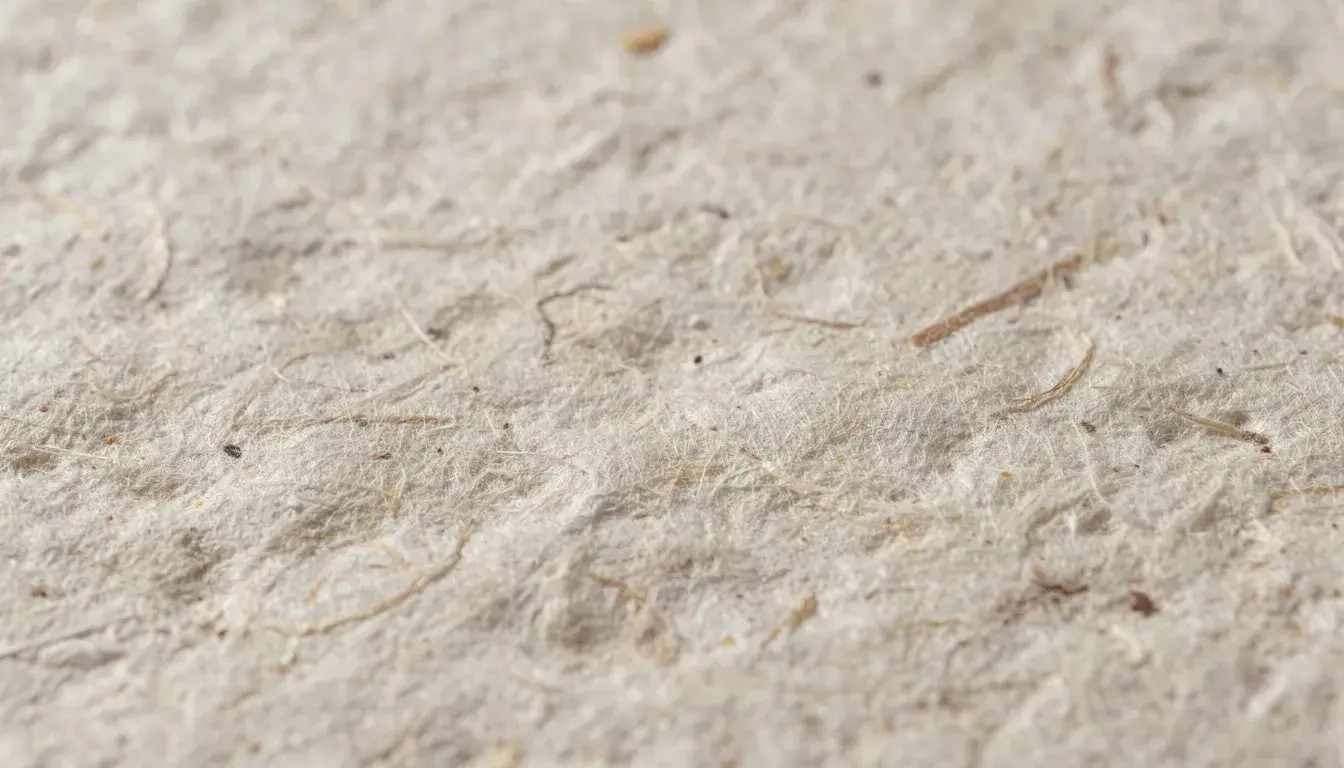 Die Nahaufnahme zeigt ungebleichtes Hanfpapier mit einer deutlich sichtbaren natürlichen Faserstruktur, die die Qualität und das Material des Papiers hervorhebt.