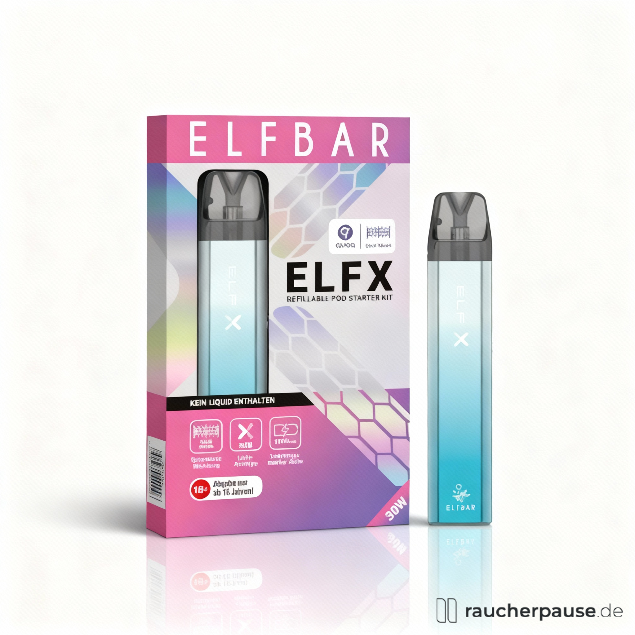 ELFBAR ELFX E-Zigarette Set Silber-Blau | 1000 mAh Akku | Dual Mesh Pods | 2 ml Top-Filling | 30W Leistung