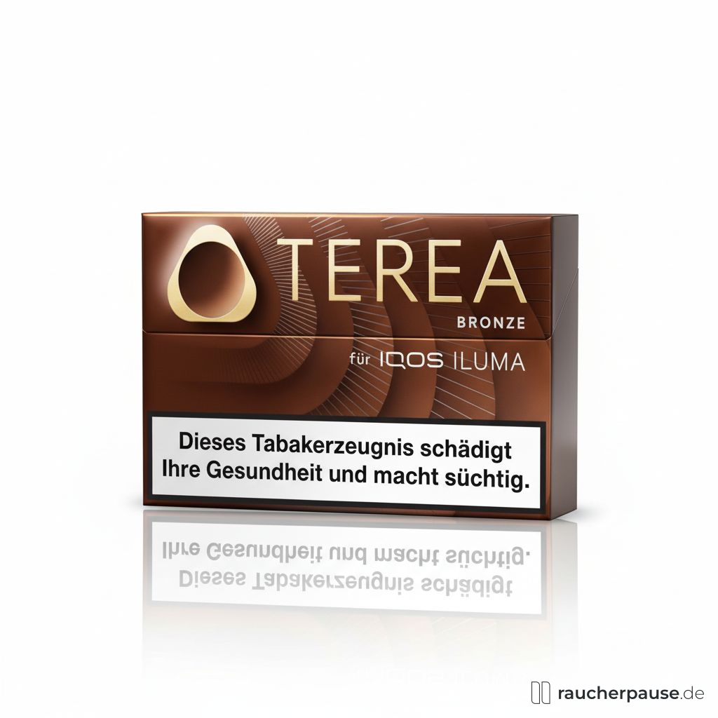 Terea Bronze Tabaksticks für IQOS Iluma in einer glänzenden, braunen Box mit goldenem Blattmuster-Logo und strukturiertem Hintergrund, 20 Stück, kräftiger Geschmack.