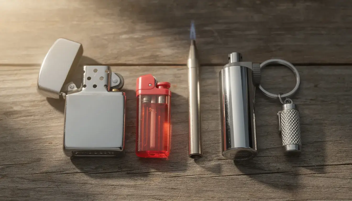 Verschiedene Größen und Formen von Feuerzeugen auf einem Holztisch angeordnet