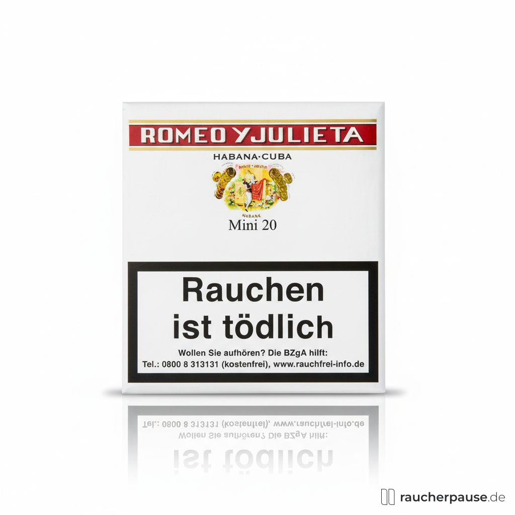 Romeo y Julieta Mini Cigarillos in weißer Dose mit rotem und goldenem Streifen und stilisiertem Logo von Romeo und Julia im klassischen Stil.