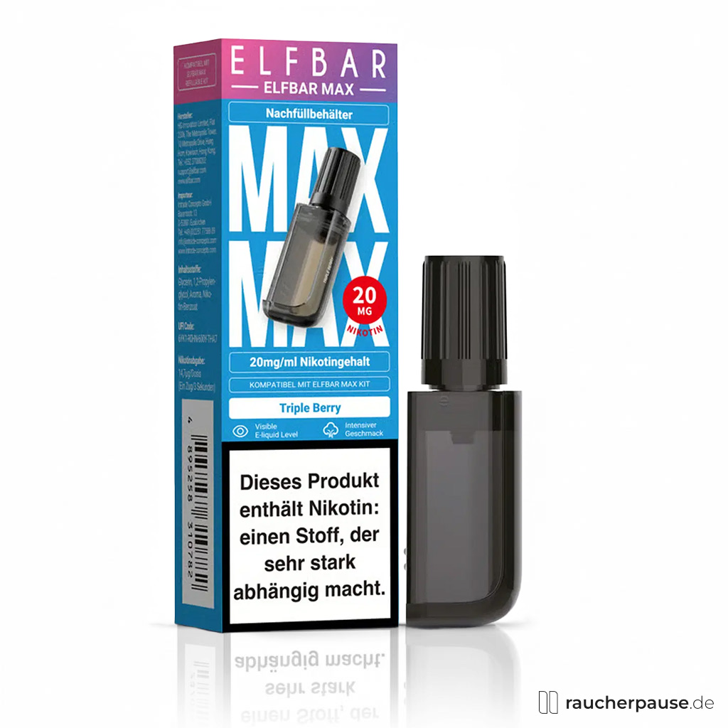 Elfbar MAX Triple Berry Refill Pod 10ml mit intensivem Beerenaroma und 20mg Nikotinsalz in blau-pinkfarbener Verpackung mit Logo und schwarzem Behälter samt Kappe.