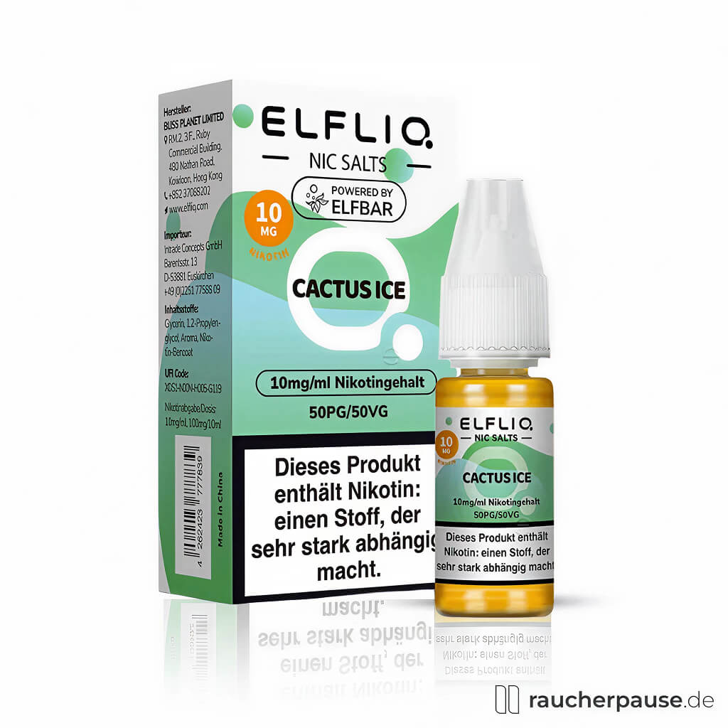Elfliq by Elfbar Cactus Ice Nikotinsalz Liquid 10 ml, 10 mg/ml in einer grünen Dose mit weiß-orangem Logo und rechtwinkliger Form.