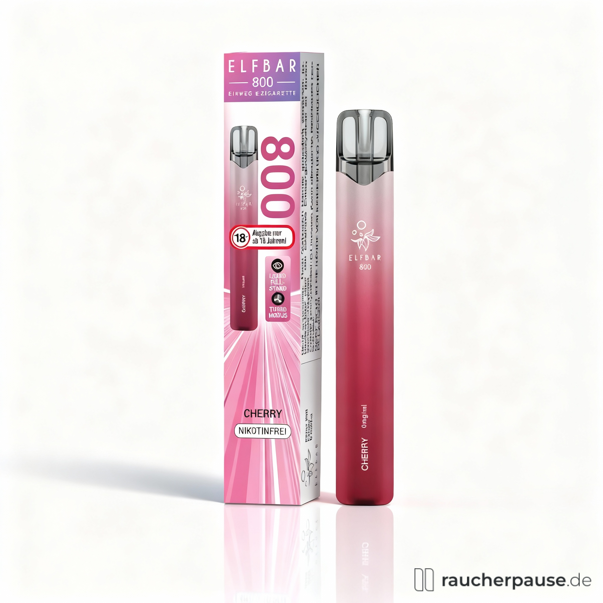 ELFBAR 800 Einweg-Vape in pink-weißer Verpackung mit leuchtend roter E-Zigarette und Cherry-Schriftzug im Hintergrund, nikotinfrei und mit intensivem Fruchtgenuss.