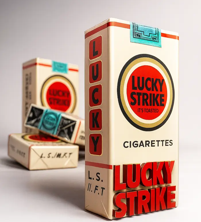 Verpackung von Lucky Strike Zigaretten mit ikonischem Design, betont durch den roten und schwarzen Schriftzug, in einem eleganten Arrangement mit weiteren Varianten im Hintergrund.