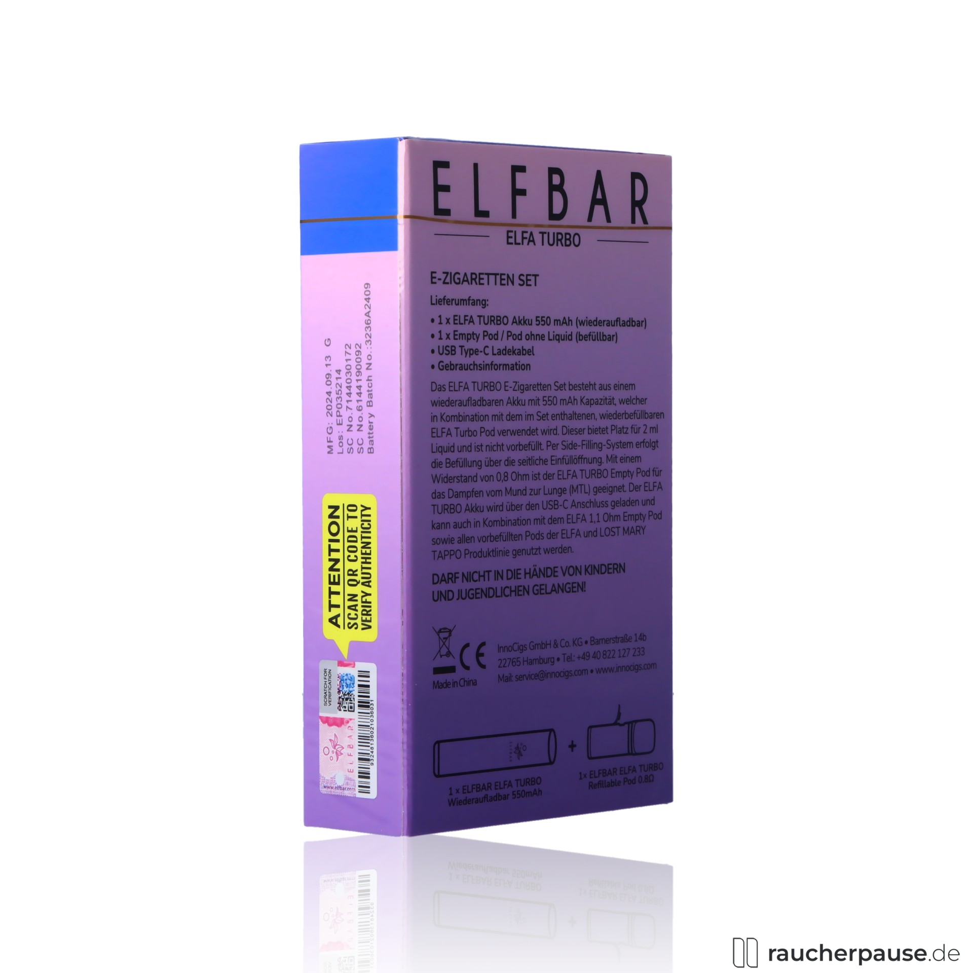 elfbar, elfbar elfa turbo akkutraeger aurora purple usb c zugautomatik pod kabel inklusive 2ml 8ohm mehrweg e zigarette , packshot hinterseite