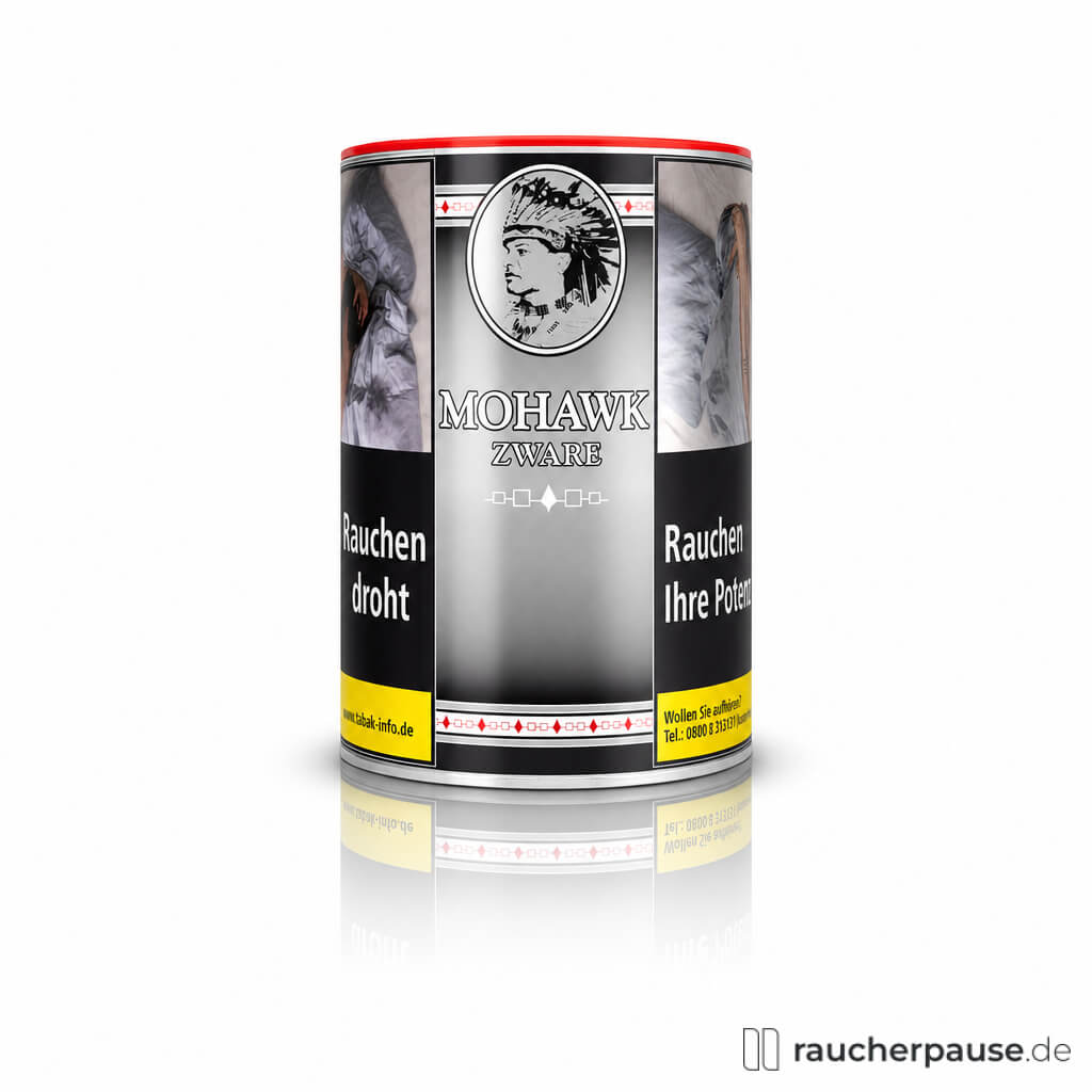 Das Mohawk Zware in 125g Dose mit silbernem Deckel und stilisiertem Indianer-Logo auf schwarzem Hintergrund.