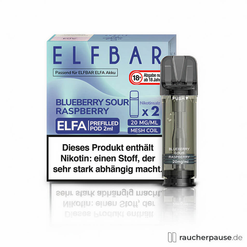 Elf Bar Elfa Prefilled Pods Blueberry Sour Raspberry 20mg/ml Nikotin in blauer Box mit dunklem Logo und zwei E-Zigarettenpod-Systemen.