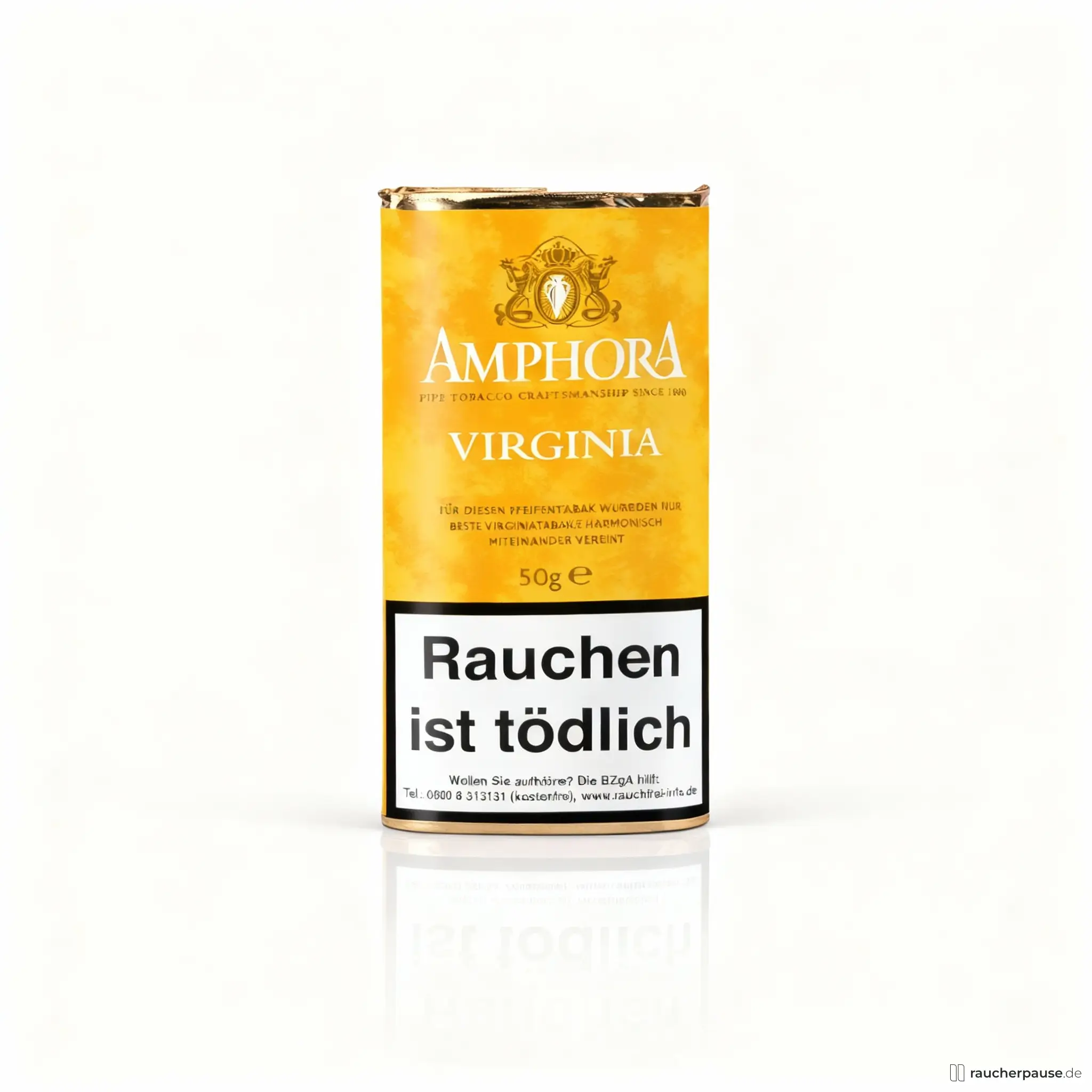 Amphora Virginia Pipe Tobacco in gelber, hoch und schmaler Dose mit stilvollem goldenem Logo, 50g Pouch von Mac Baren.