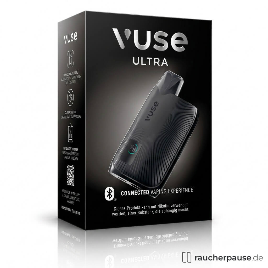 Vuse ULTRA E-Zigarette in Charcoal Black mit AMOLED-Display und USB-C-Schnellladung in einer schwarzen Box mit silbernem Logo und Funktionen wie Flavour Autotune und Connected Vaping Experience.