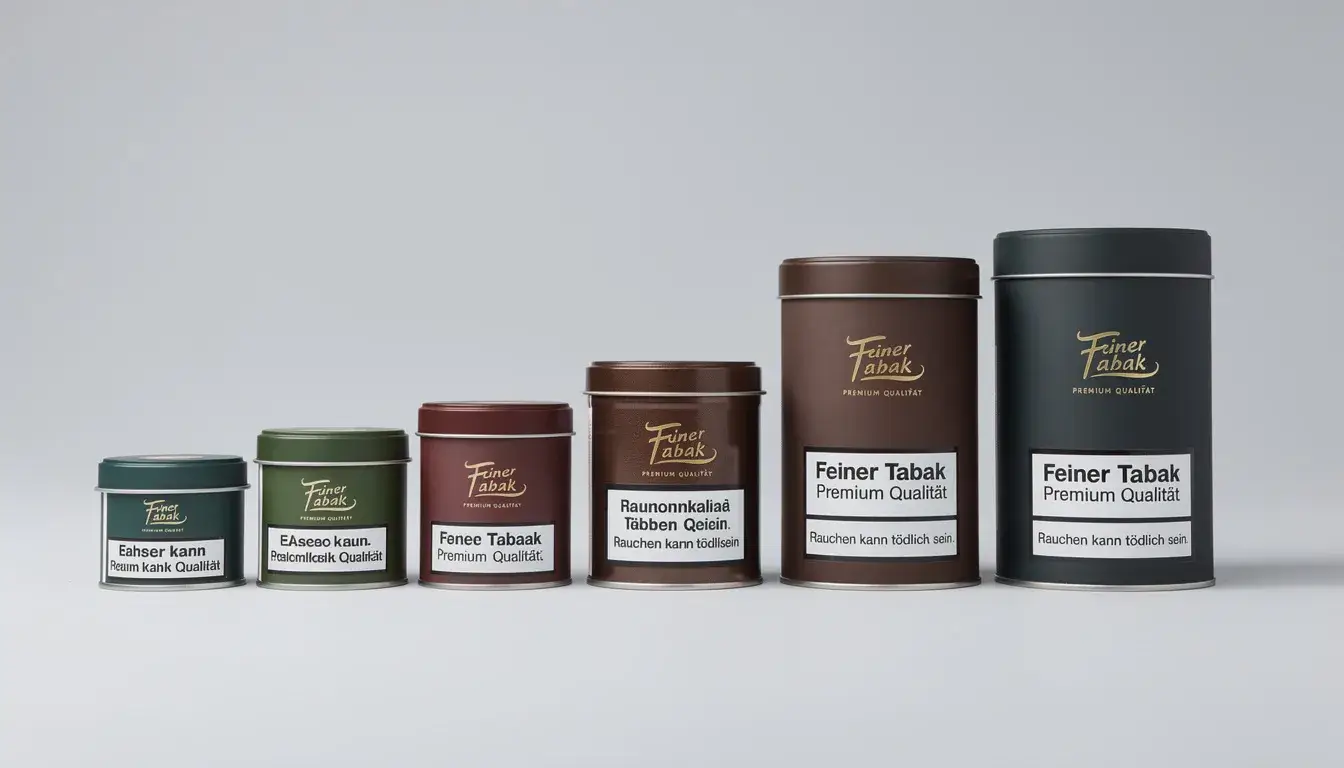 Verschiedene Tabak Eimer in unterschiedlichen Größen sind nebeneinander aufgereiht, wobei die Eimer immer größer werden