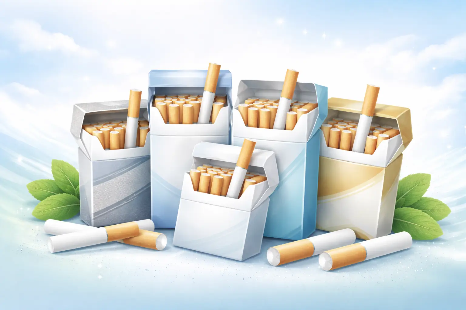 Verschiedende leichte Zigaretten sind auf Wolken abgebildet.