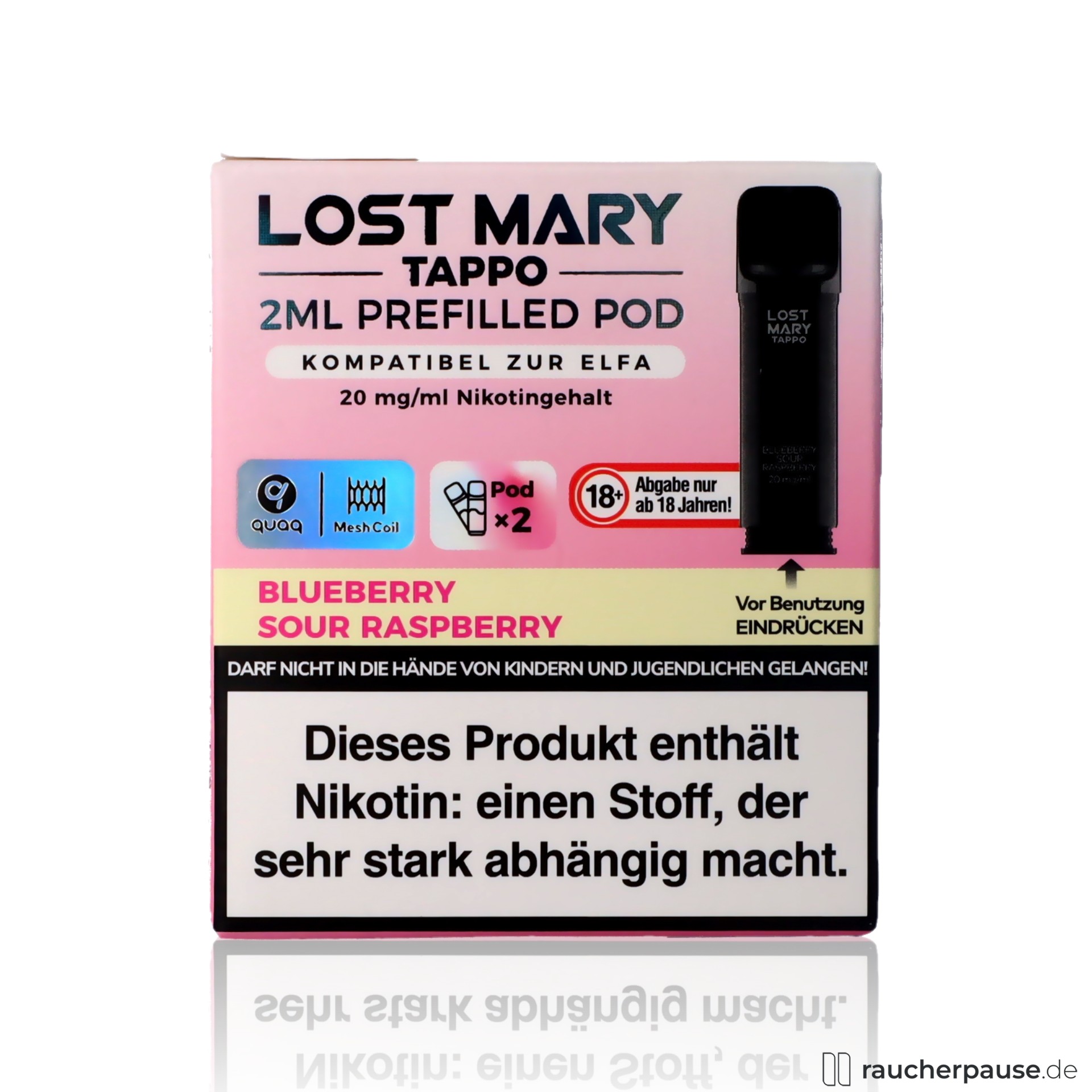 lost mary, lost mary tappo blueberry sour raspberry prefilled pods quaq mesh coil blaubeere himbeere , packshot vorderseite
