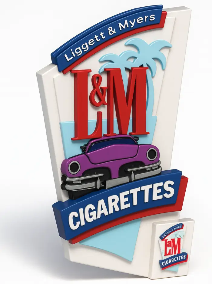 L&M Zigaretten Logo mit stilisiertem Auto, betont die Marke Liggett & Myers, vermittelt ein modernes und klassisches Raucherlebnis.
