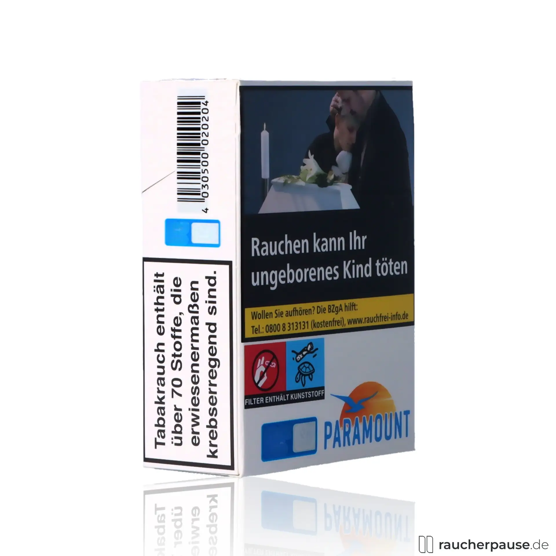 Paramount Blue Zigaretten, 28 Stk. pro Packung, King Size, American Blend in weiß-blauer Verpackung mit Sonnenaufgangs-Logo und Vogel-Motiv.