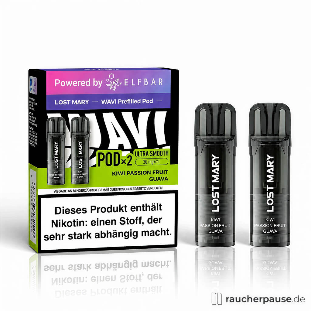 Lost Mary Wavi Pods Kiwi Passionfruit Guava, 20 mg/ml Nikotinsalz in schwarzer und grüner Box mit transparentem Fenster und minimalistischem ELF BAR Logo.
