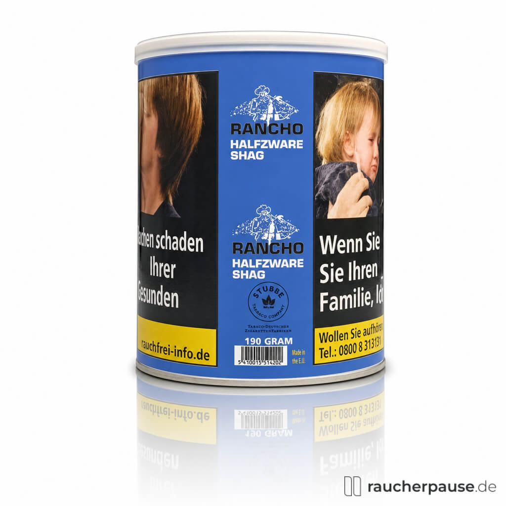 Rancho Half Zware in blauer, ovaler Dose mit glatter Oberfläche und Rancho-Logo, 190g Feinschnitt.