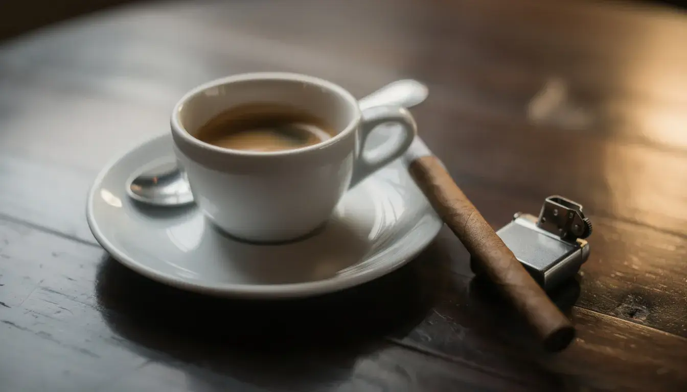 Auf einem rustikalen Holztisch steht eine stilvolle Espressotasse neben einem Zigarillo mit Vanillearoma.