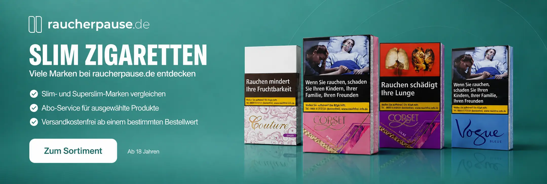 Slim Zigaretten bei raucherpause.de – Marken vergleichen, Abo-Service und versandkostenfreie Lieferung ab einem bestimmten Bestellwert