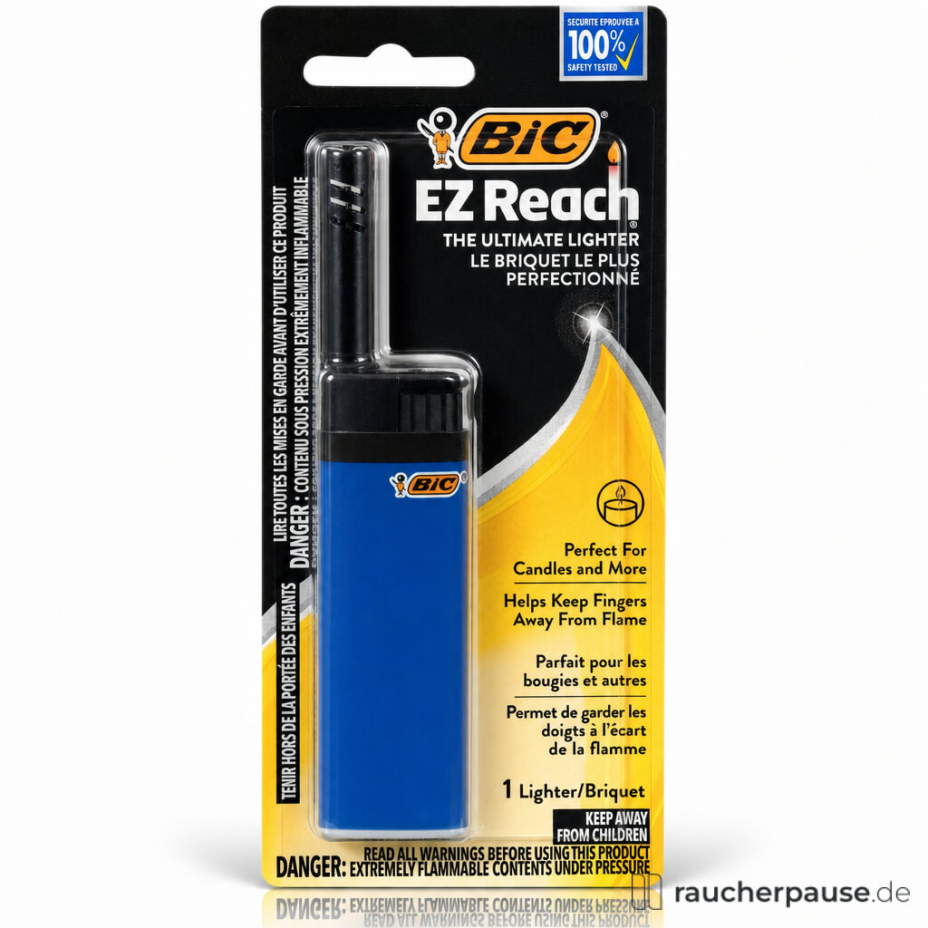 BIC EZ Reach Feuerzeug Neutral in schwarzer und gelber Schachtel mit Logo, ideal für praktische Benutzung bei Kerzen und ähnlichen Zwecken.