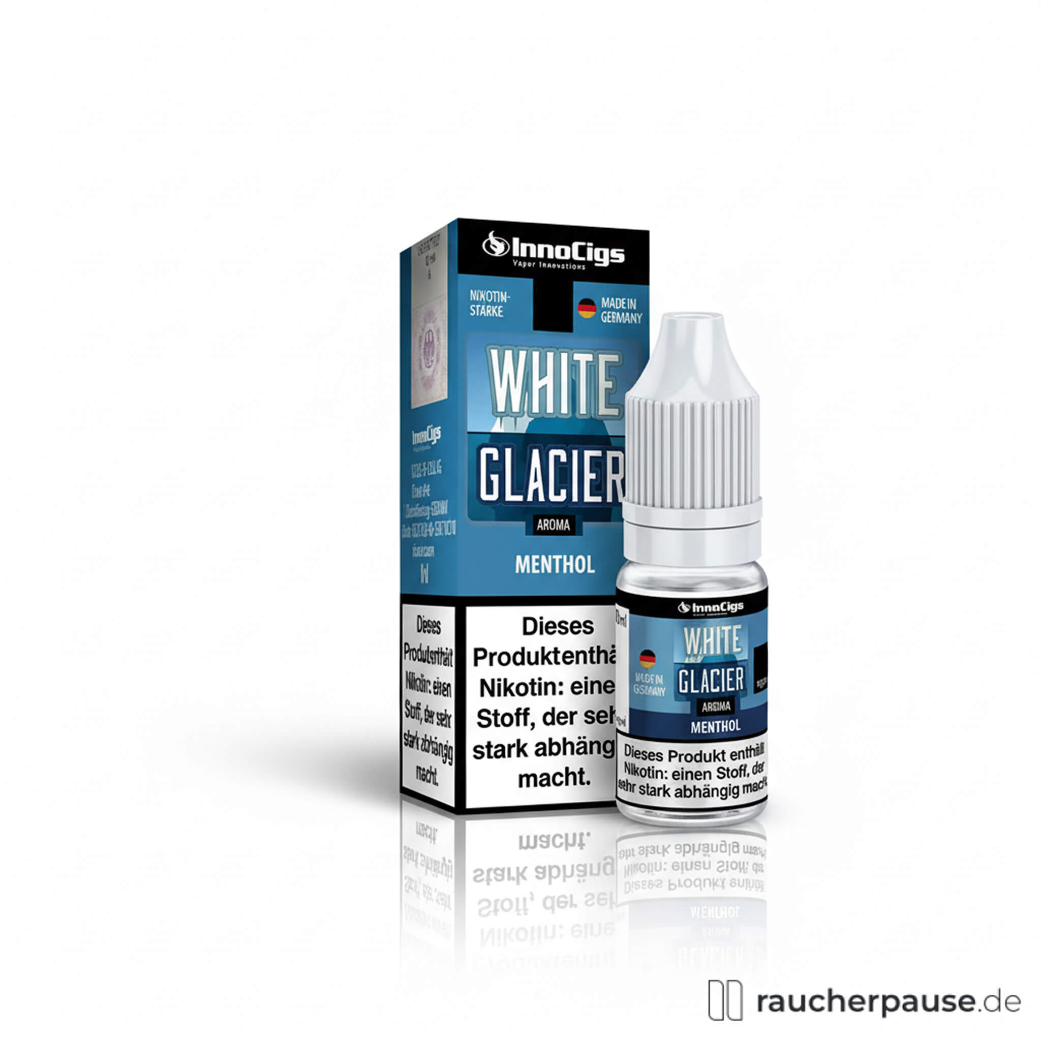 InnoCigs White Glacier E-Liquid für E-Zigaretten in 10ml Flasche mit Minze- und Eukalyptus-Aroma und 3mg Nikotin.