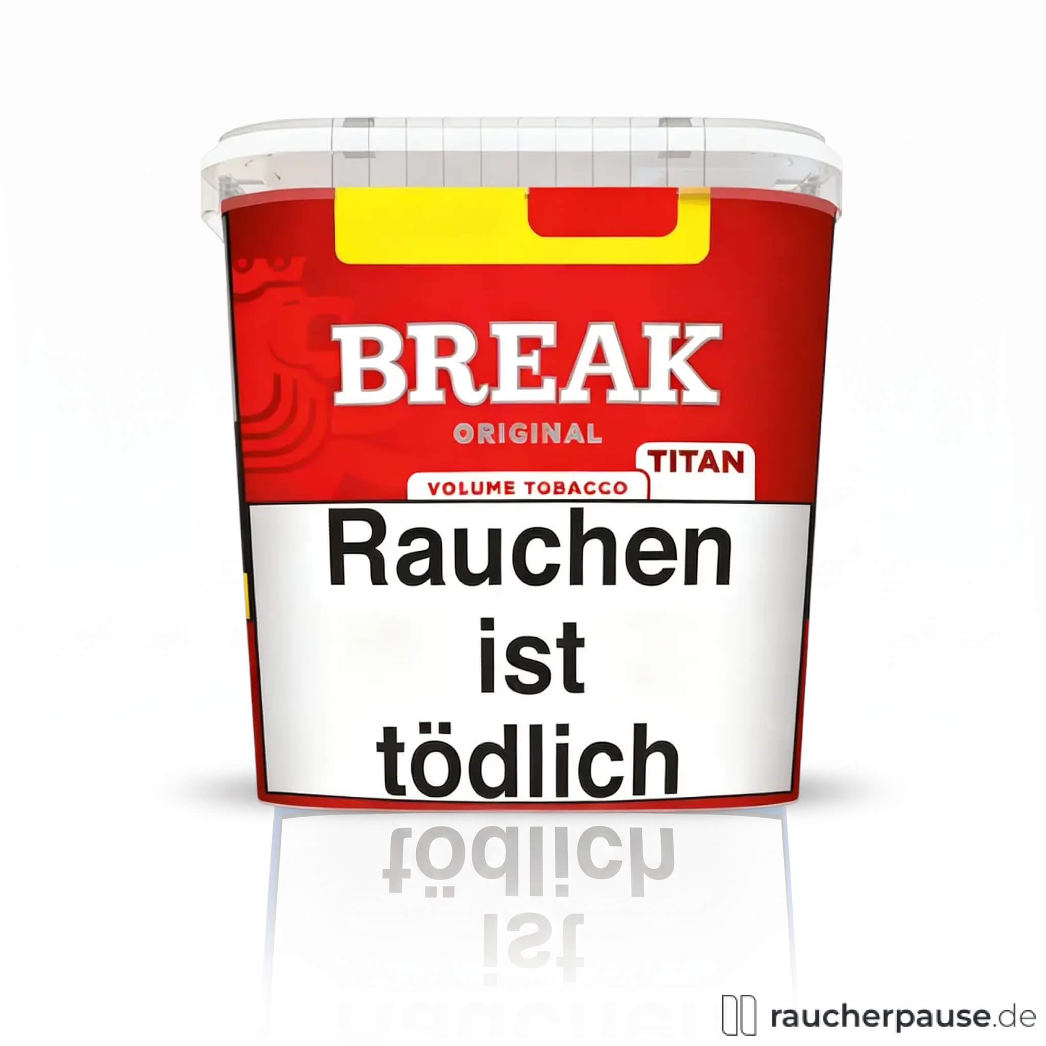 Break Original Titan Volumentabak 300g in roter quadratischer Dose mit transparenter Deckelöffnung und stilisiertem Vogel-Logo in weißen Buchstaben auf gelbem Hintergrund.